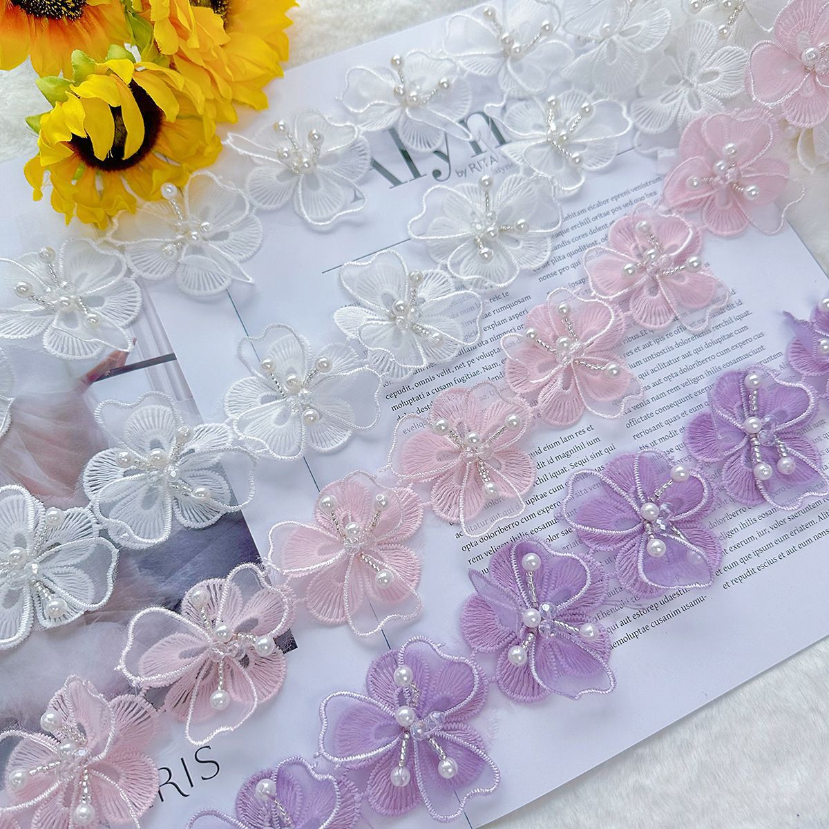 Accesorios de Ropa DIY de Doble Capa en Color Sólido, Encaje Lolita, Decoración Hecha a Mano con Cuentas de Cristal y Flores para Muñecas