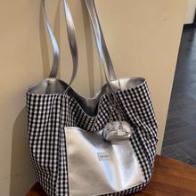 韩系双面背银色托特包高级感格子2025新款大容量通勤包单肩包