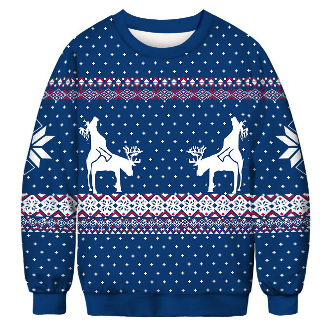 Transfronterizo europeo y americano 2024 Navidad HAPPY3D impresión digital pareja de hombres y mujeres suéter de cuello redondo para niños cabello de una pieza