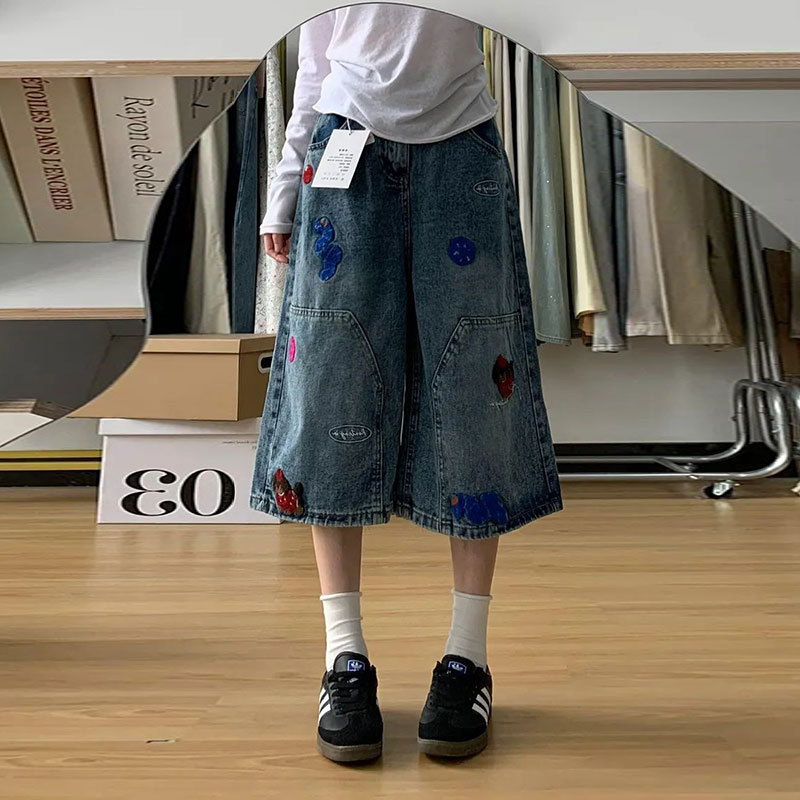 Petite American-Style Plus-Size Embroidered Denim Capri Pants for Women, Summer New High-Waisted Loose Versatile Wide-Leg Cropped Pants