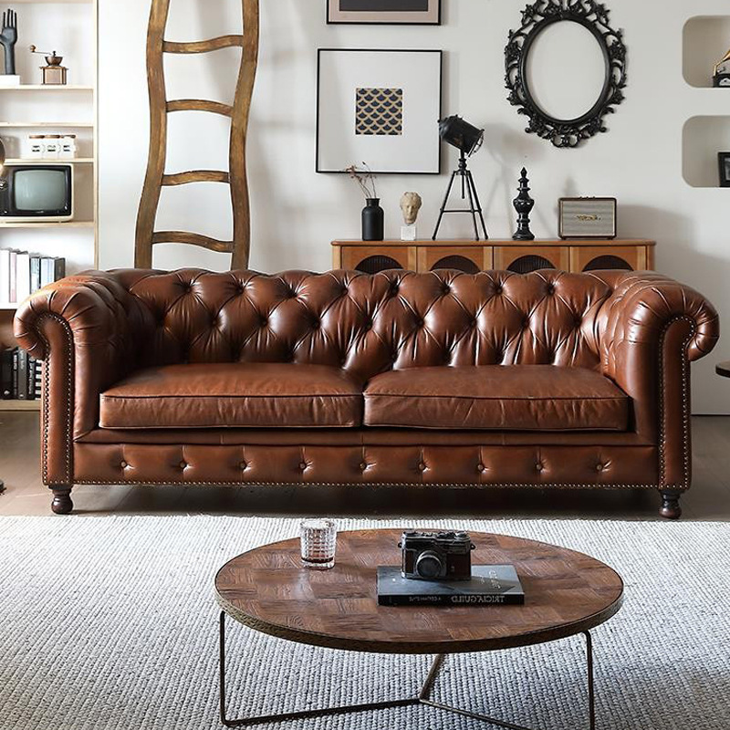 美式真皮沙发客厅沙发头层油蜡皮拉扣沙发Chesterfield Sofa|undefined