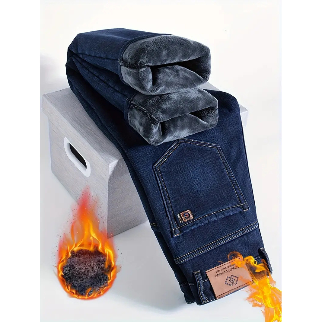 Men's Fleece-Lined Thickened Jeans, Popular Cross-Border Winter Loose Straight Casual Pants, Comfortable Versatile for Teenagers