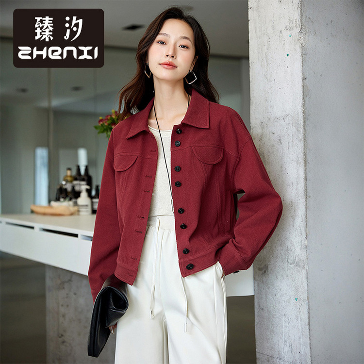 臻汐新款复古翻领短款外套长袖女装时尚显瘦小个子夹克CR056