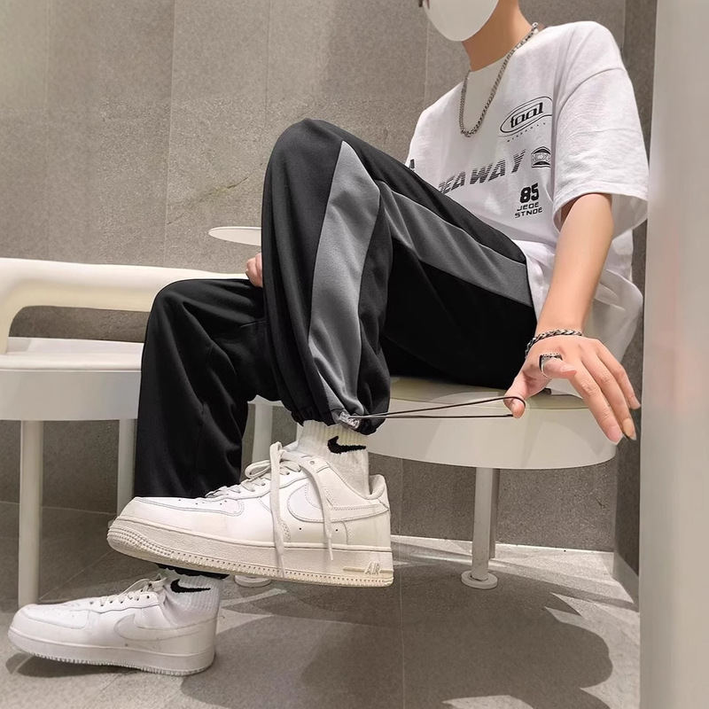 High Street New Ice Silk Sports Pants Men's Summer High Waist Mom Wear Dipping Contrast Color Stitching Loose Drawstring Wide Leg Pants