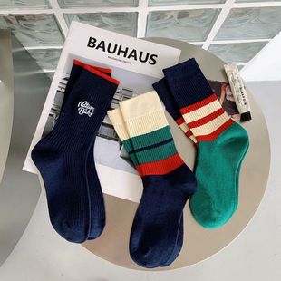 Autumn and Winter New Bamboo Cotton Double Needle Embroidery Fashionable Korean Style Mid-tube Socks Striped Women's Socks Japanese Style Thick Line Stacked Socks