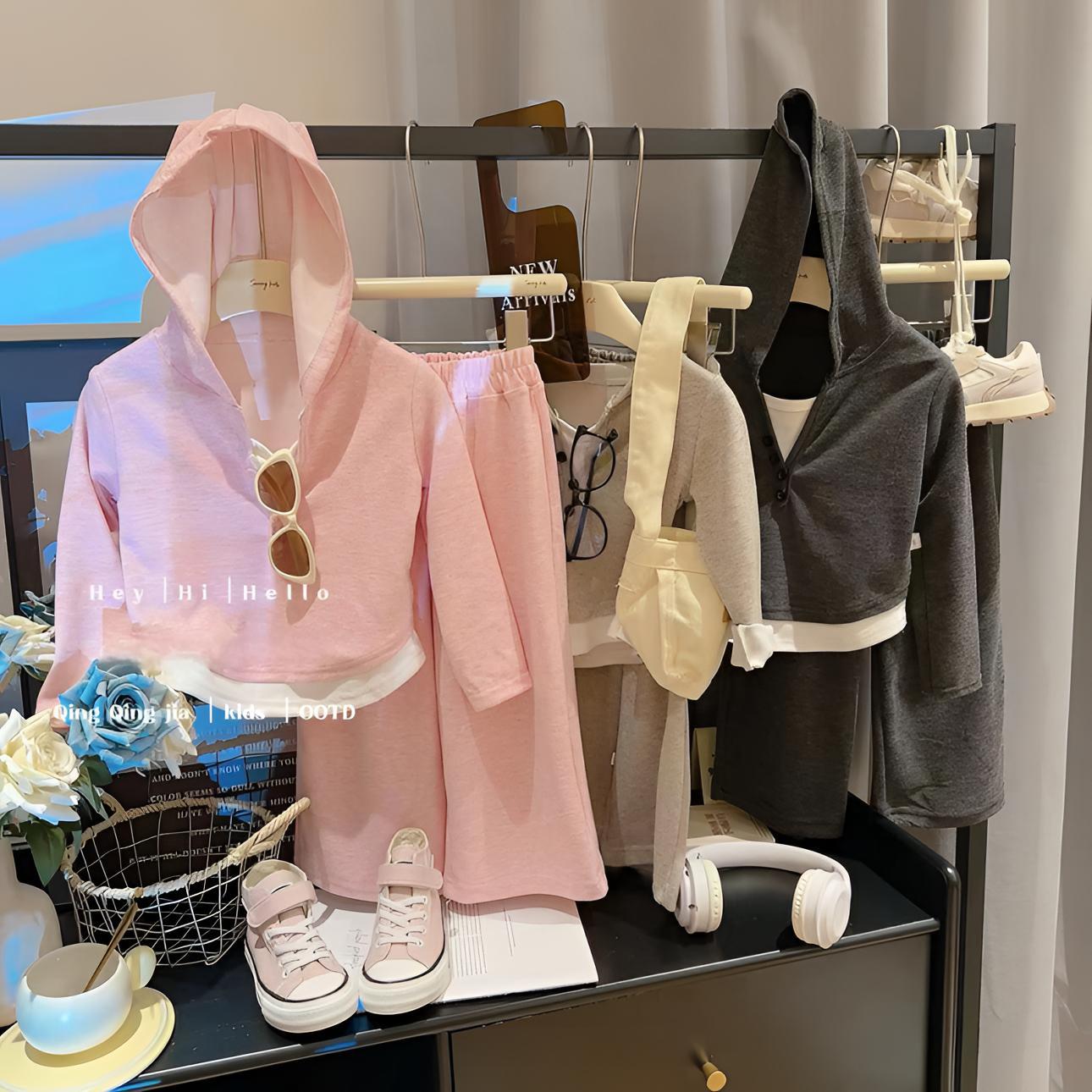 中大童2025春款慕斯绒假两件连帽打底衫阔腿裤两件套秋季套装儿童