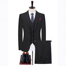 2025高级西服男士商务休闲宴会职业四季套装韩版黑色条纹婚礼西装