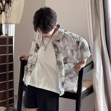 24夏新款中小童男童韩国童装水墨晕染黑白印花雪纺度假风短袖衬衫