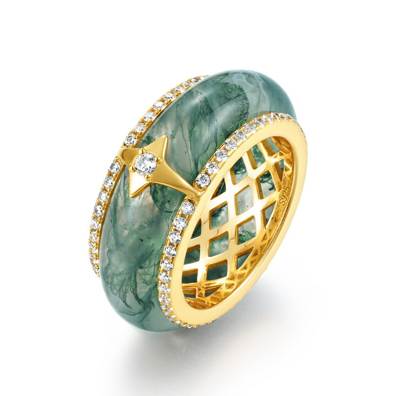 Nuevo anillo de ágata de hierba de agua natural de lujo ligero transfronterizo europeo y americano S925 anillo de dedo de piedra de musgo verde chapado en oro plateado dos