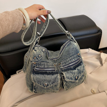 外贸复古小众机车双口袋牛仔托特包女大容量百搭单肩包休闲通勤包