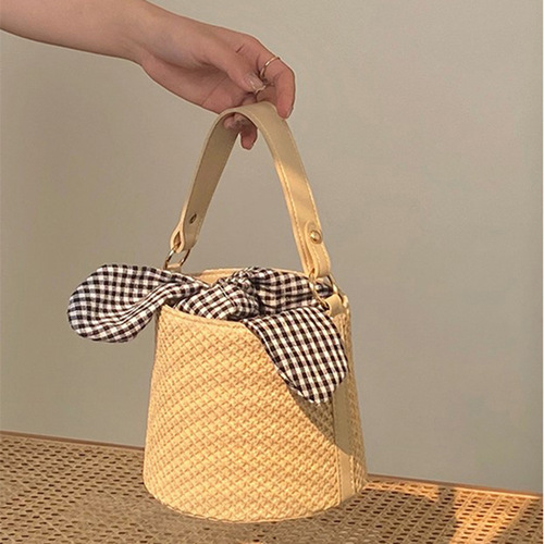  New Butterfly Bow Grid Wicker Bucket Bag Fashion Versatile Single Shoulder Crossbody Charming Wicker Handbag for Women