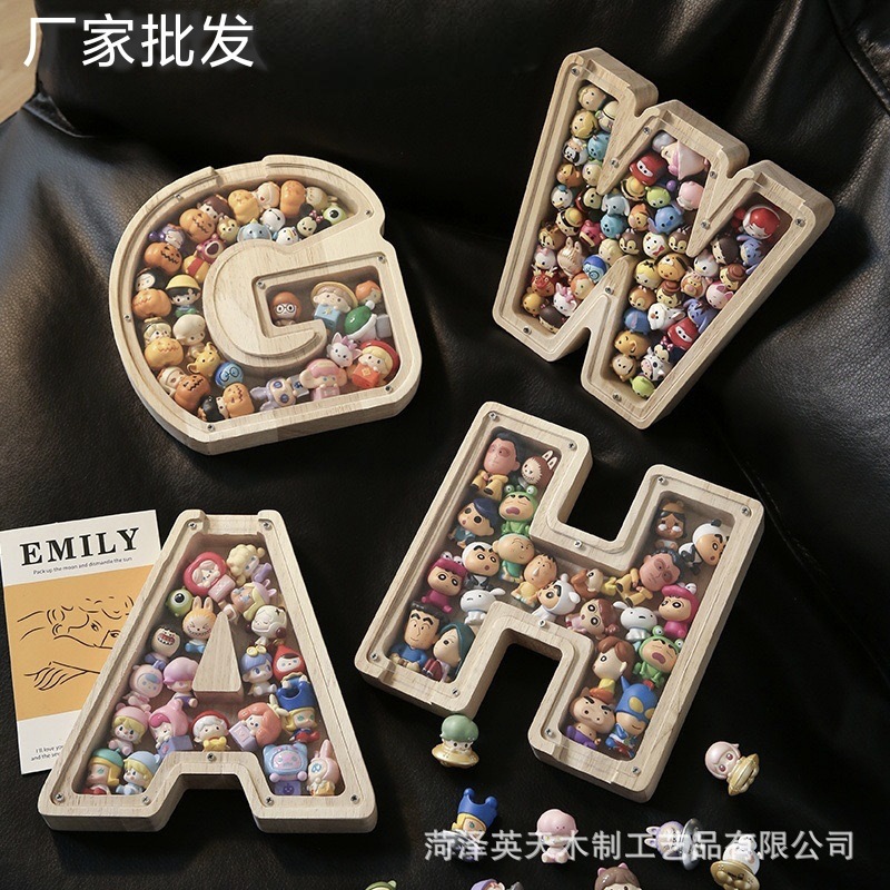 现货木质26个英文字母储蓄罐儿童小玩具收纳盒透明亚克力存钱罐子
