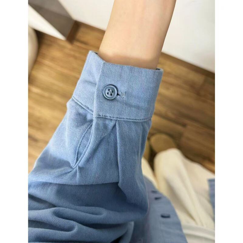 蓝色纯棉衬衫女外套春秋百搭显宽松2025薄款衬衣长袖外穿初秋上衣|undefined