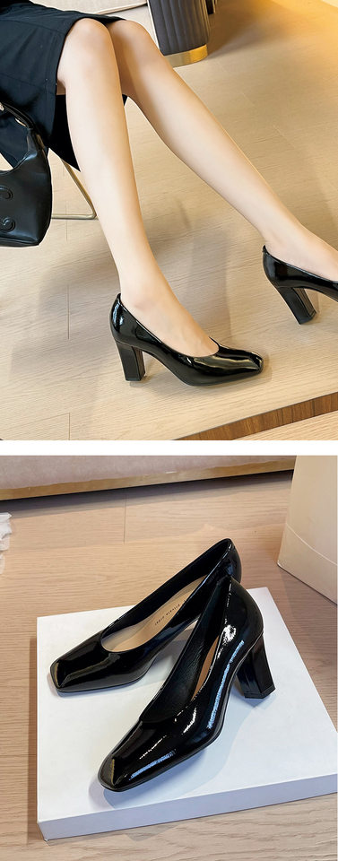 Giày cao gót nữ mũi vuông gót dày da sáng chế thanh lịch công sở, gót 6–8 cm — Màu trắng nhạt, rượu vang đỏ, đen chi tiết 13