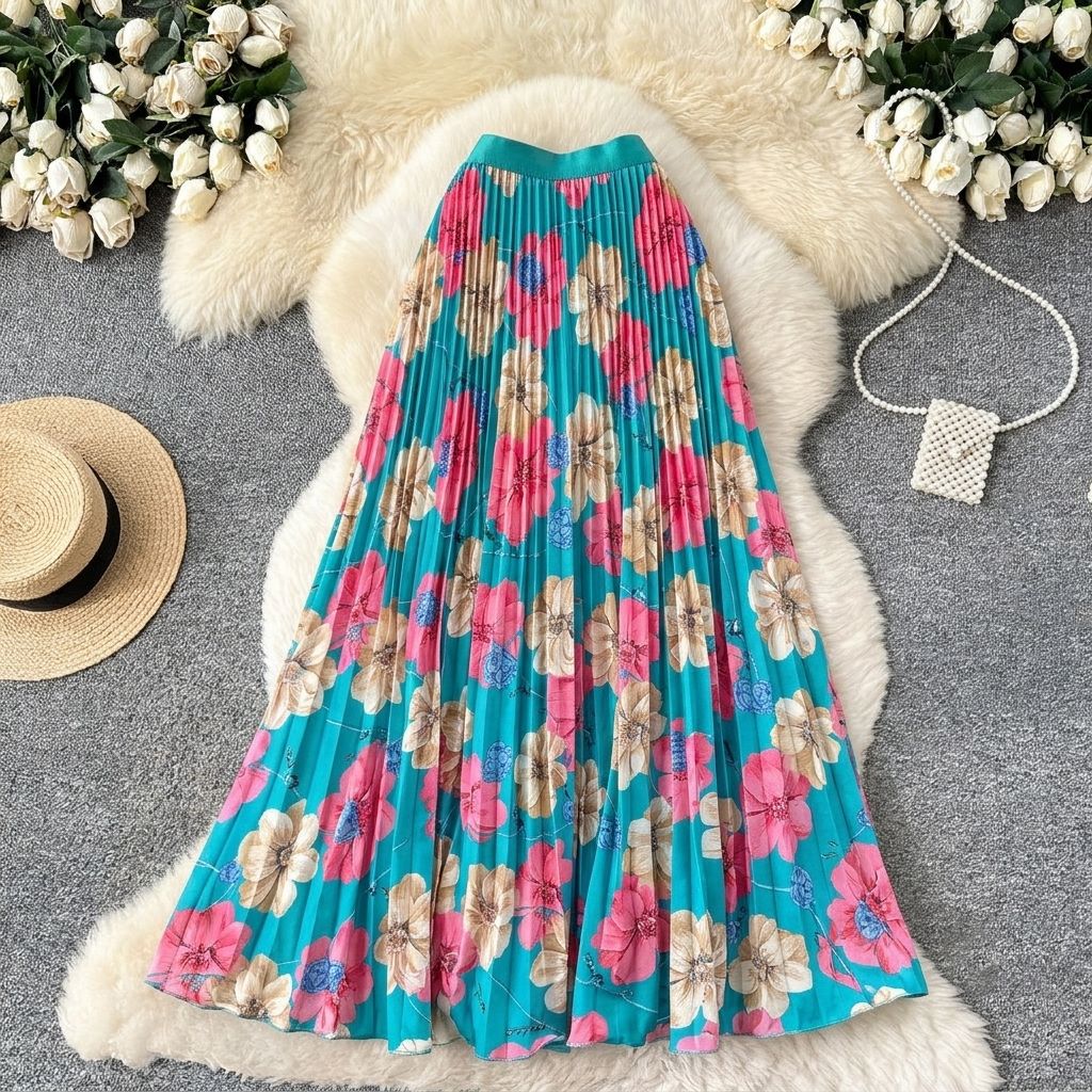 Women's Retro Print Pleated Skirt High Waist A-Line Midi Fashion Skirt for Commuting Summer Long Skirt European And American Style_ecoleips.com