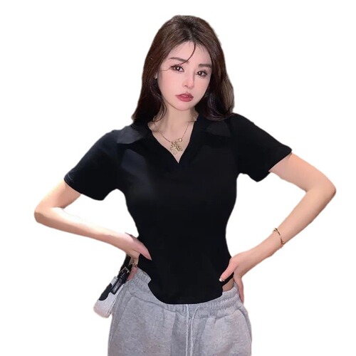 Pure and erotic white V-neck front shoulder short-sleeved T-shirt for women in summer new slim slim short top base