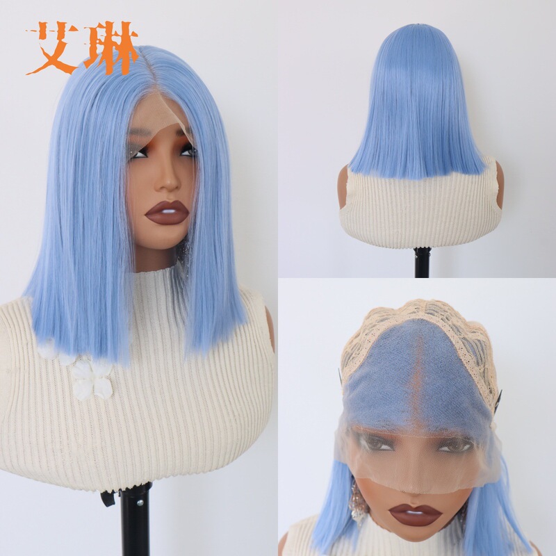 Front Lace Wig, Short Bob Style with Middle Parting, Synthetic Fiber High-Temperature Silk Wig, Wholesale