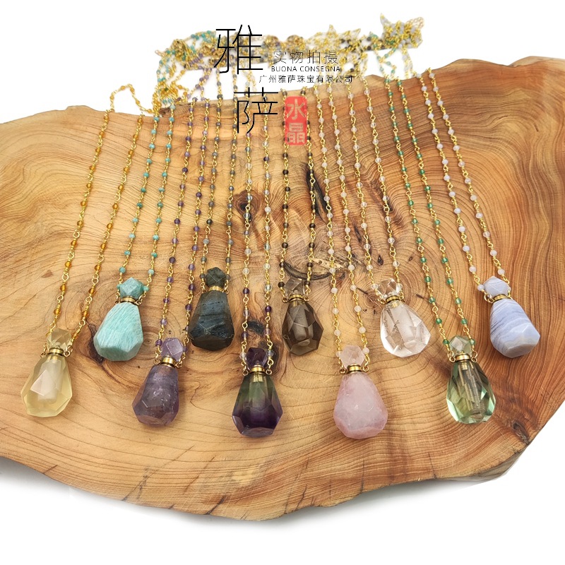 Nueva Yassa joyería natural labradorita botella de perfume cadena de cuentas hechas a mano colorido cristal botella de aromaterapia cristal rosa al por mayor