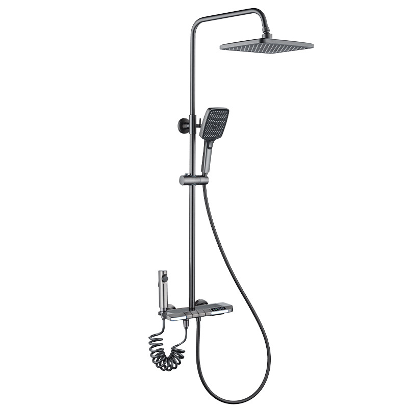 Una por una pistola de baño, luz ambiental gris, ducha, juego completo de pianos, boquilla descalcificadora de silicona líquida presurizada en frío y en caliente