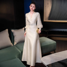 欧美2025春季新款女装 明星红毯同款深V领长裙重工花卉刺绣连衣裙