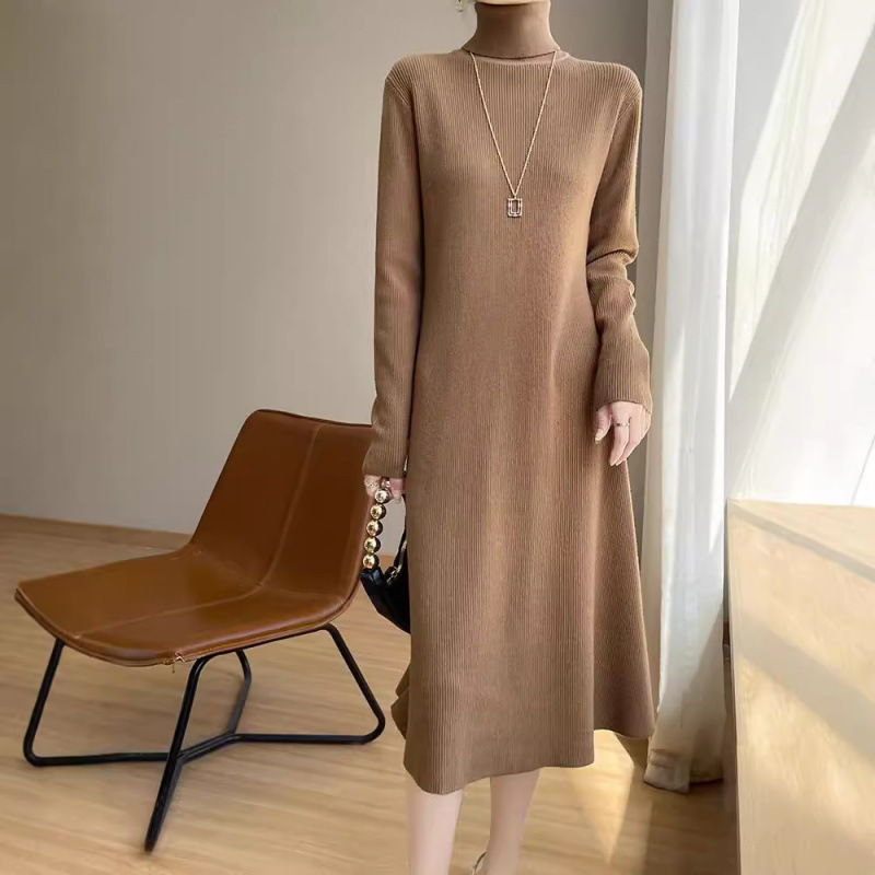 Piled High Lapel Super Long dress Autumn and Winter New Andy Velvet Knitted dress Women's Mid-Length A- Line Skirt