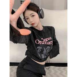 背心休闲风T恤印花防晒字母打底衫短款修身显瘦长袖内搭辣妹上衣