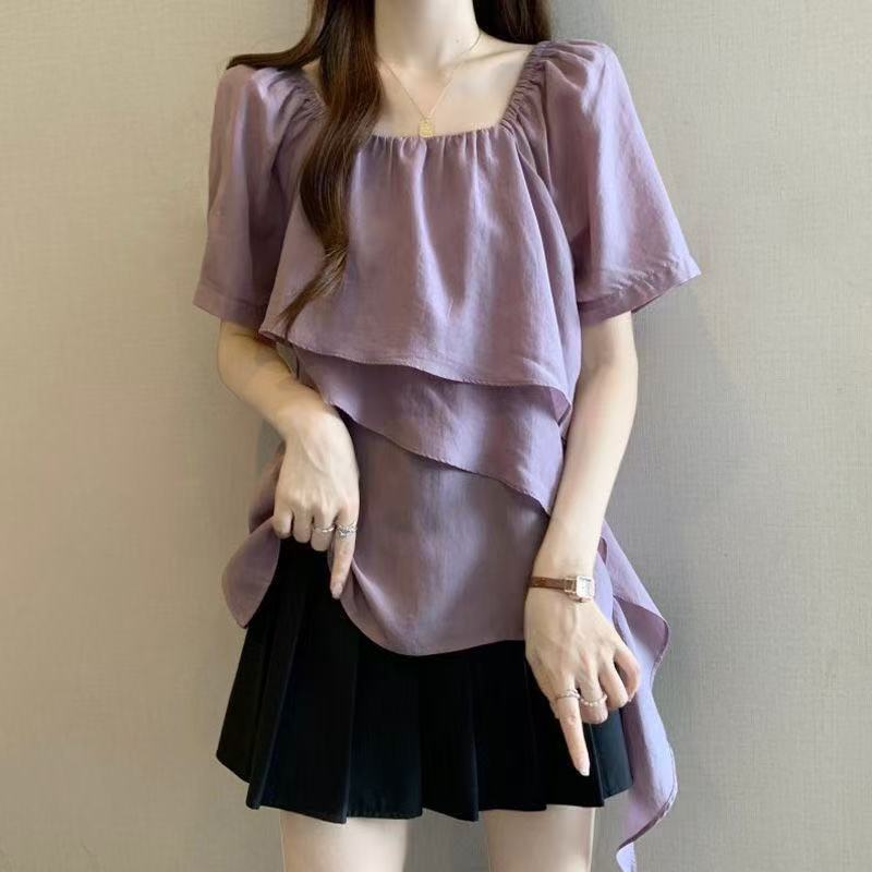 French-Style Irregular Ultra-Fairy Short-Sleeve Chiffon Blouse for Women, Summer Plus-Size Slimming Tummy-Covering Babydoll Top, Trendy Blouse French-Style Irregular Ultra-Fairy Short-Sleeve Chiffon Blouse for Women, Summer Plus-Size Slimming Tummy-Covering Babydoll Top, Trendy Blouse