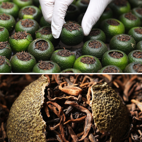 Xinhui small green tangerine sun-dried Pu-erh tea tangerine orange Pu-cha tea leaves round bucket wooden bucket packaging ripe tea particles 500g