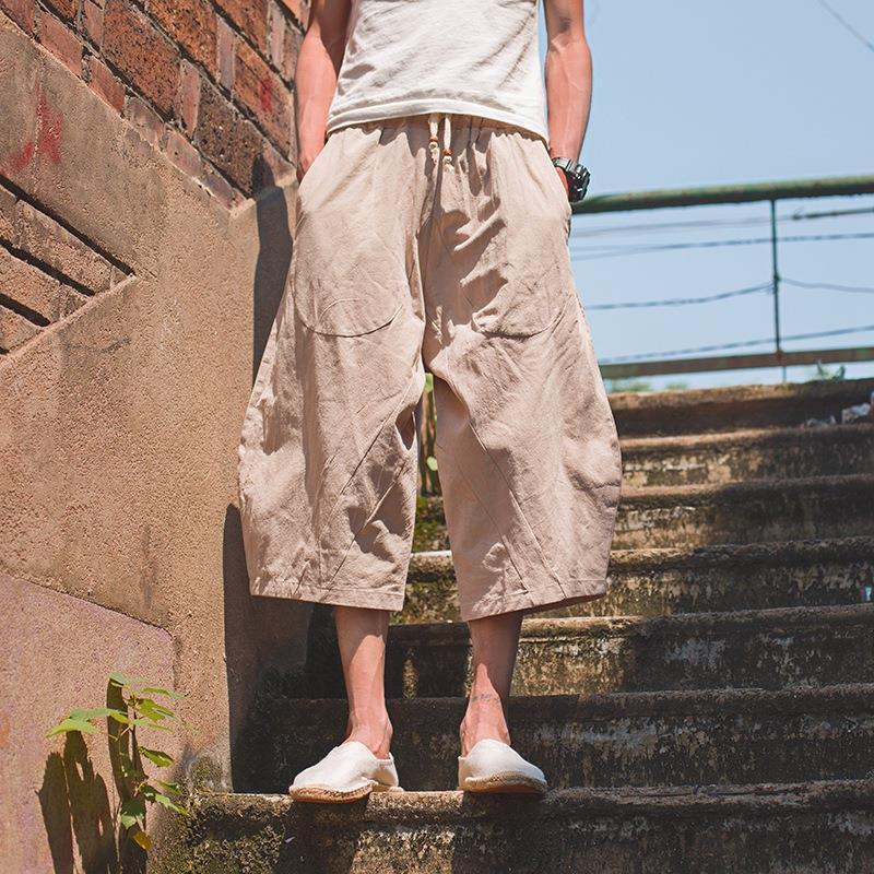 Pantalón ancho de elefante tailandés, bombachos, marca de moda para hombre, pantalones cortos de lino sueltos de gran tamaño, pantalones cortos, entrepierna grande, pantalones de playa, verano