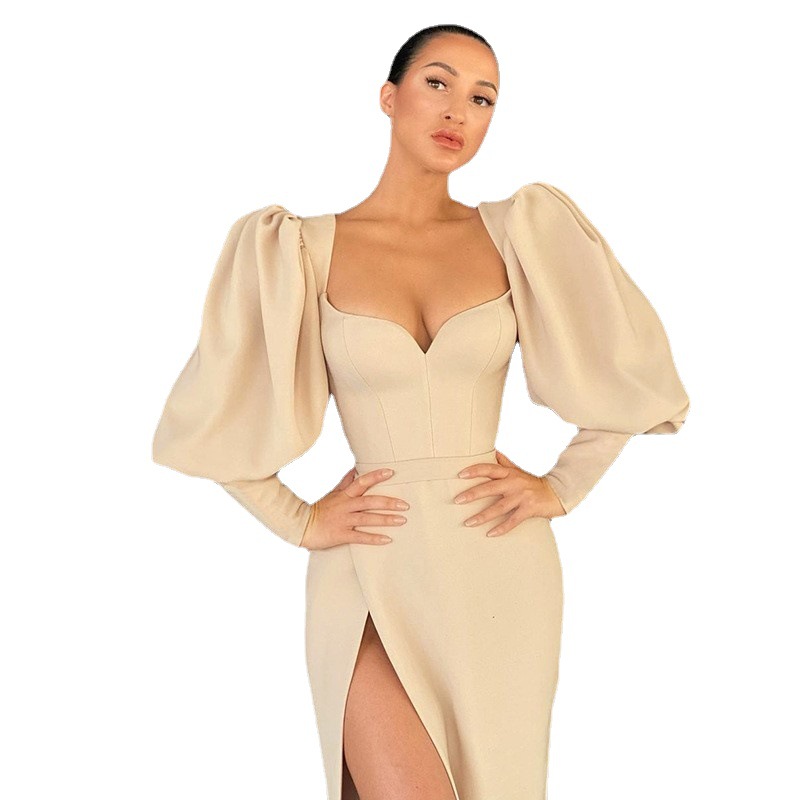 Vestido de noche sexy transfronterizo europeo y americano para mujer, con escote pronunciado en V, manga farol, diseño patchwork, abertura y ajuste ceñido al cuerpo.
