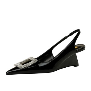 1097-K63 Banquet Slope Heel Women's Shoes High Heels, Shallow Mouth, Pointed Hollow Back Strap, Metal Square Water 