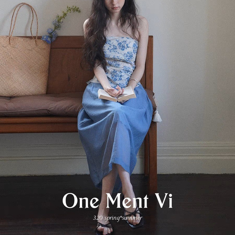 One Ment Vi Six-In-One Summer Semi-Sheer Textured Skirt/Detachable Strap Asymmetrical Tube Top