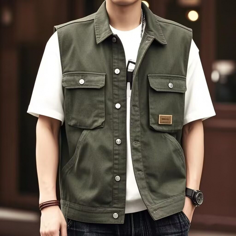 Heavy-Duty American Retro Men's Denim Vest with Multiple Pockets and Lapels for Spring and Autumn, Workwear Vest Jacket for Men