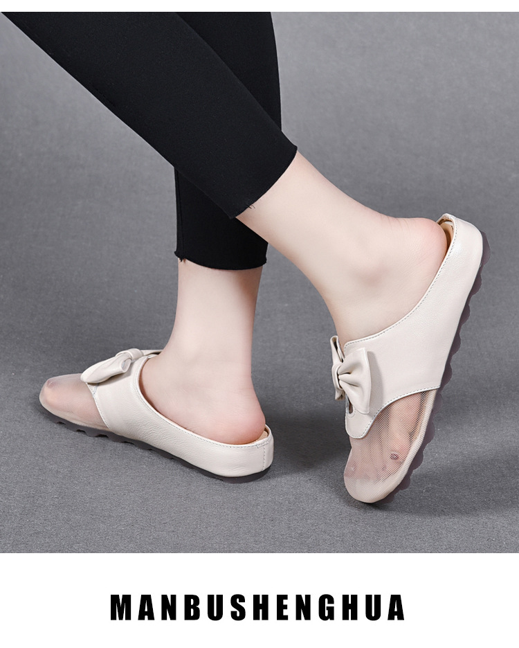 Dép sandal nữ bít mũi lưới thắt nơ da thật đế bằng mềm chống trượt — Màu đen chi tiết 16