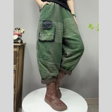 格子棉裤女2025宽松显瘦外穿保暖加棉文艺范炒色棉麻哈伦裤冬季潮