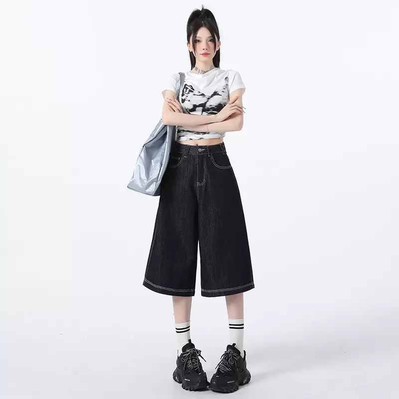 高街丹宁原色七分牛仔裤2025春夏季女装新款时尚深蓝色显瘦阔腿裤