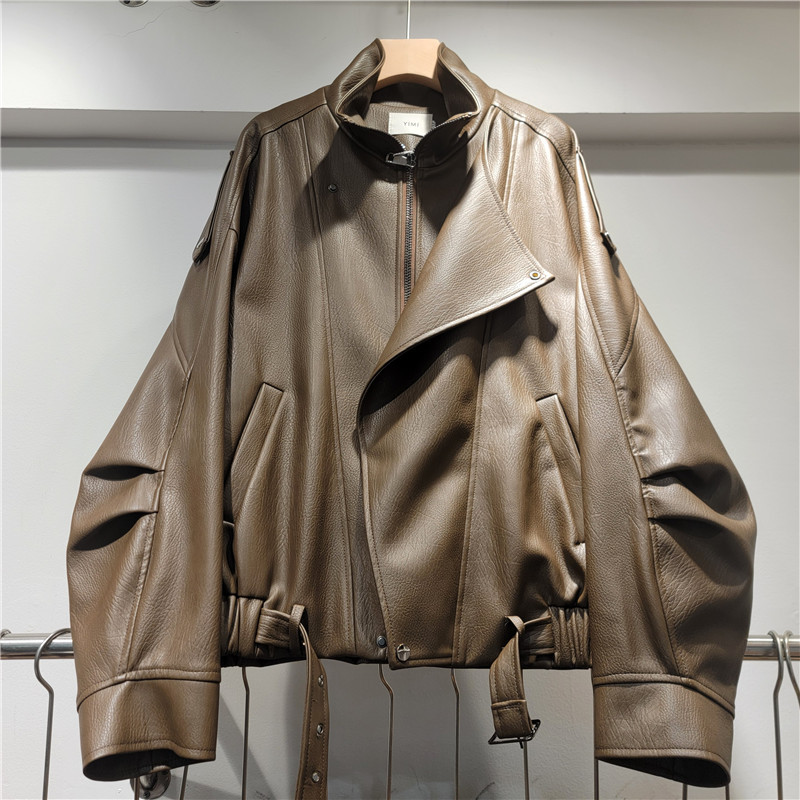 Chaqueta de cuero marrón para mujeres 2026 primavera nuevo cuello suelto bf locomotora temperamento pu chaqueta de cuero café