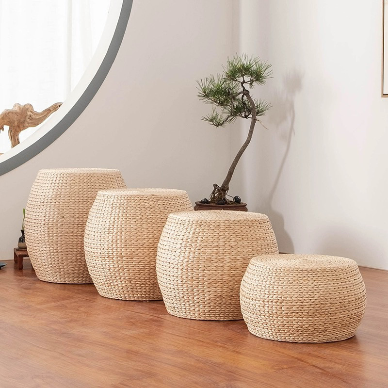 estilo japonés de caña de paja tejida muelle de asiento para cambiar de zapatos de arroz taburete redondo sofá de salón casero taburete de madera pequeño antideslizante