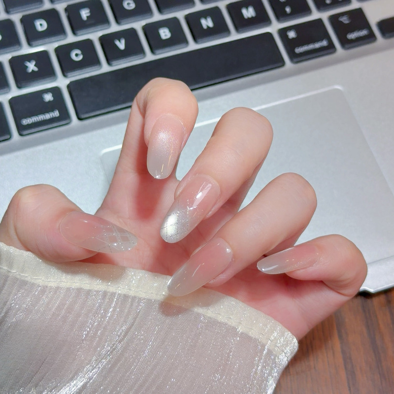 Caita-[Peach Crushed Ice] Cat-Eye High-End Wearable Nude Color Whitening Manicure, Handmade Removable Nail Pieces for Whitening