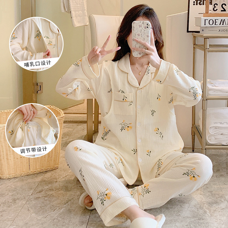 Pure cotton gauze monthly clothing summer thin June 7 pregnant women postpartum nursing pajamas home clothing large size set