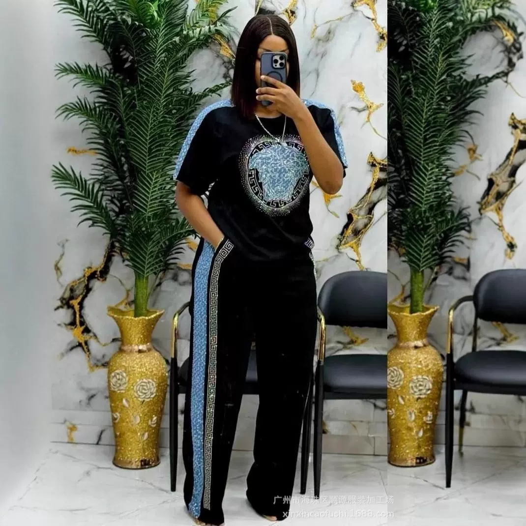 大码女装时尚休闲宽松运动套装女秋冬长袖圆领毛衣阔腿裤两件套钻