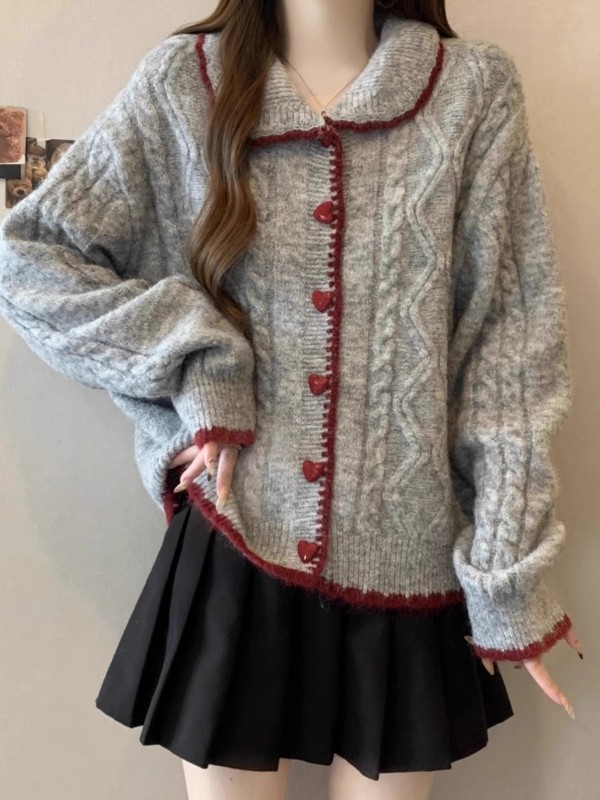 杏色翻领爱心扣子麻花毛衣开衫女秋冬季加厚慵懒风娃娃领针织外套|undefined