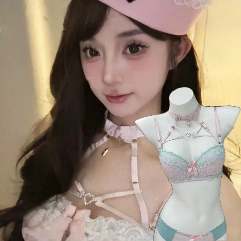 French-Style Sexy Heart-Shaped Rhinestone Lace Embroidery Breathable Push-Up Bra Set for Large Busts, Making Them Appear Smaller, Pure Desire Set