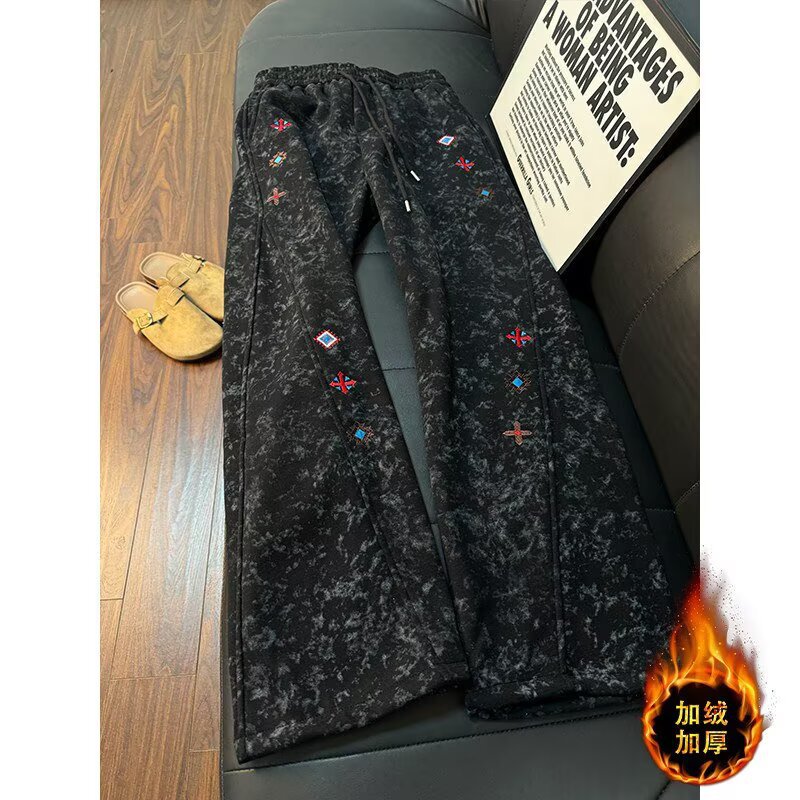 2026 Men's Spring Vibe Diagonal Cut Flared Pants High Street Design Sports Pants American Style Tie-Dye Embroidered Curved Sweatpants