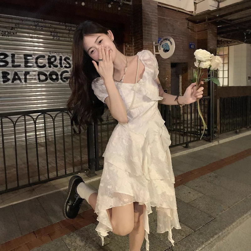 French Temperament First Love White dress Women's Summer New Waist Slimming Pure Ruffled Irregular Skirt