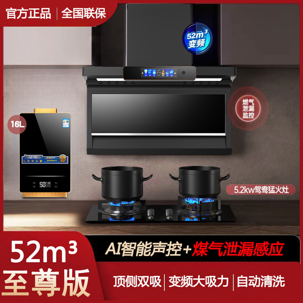 Wholesale Brand Top-Side Double Range Hood Household Energy-Efficiency High Suction Voice-Controlled Kitchen Oil Extractor Stove Set
