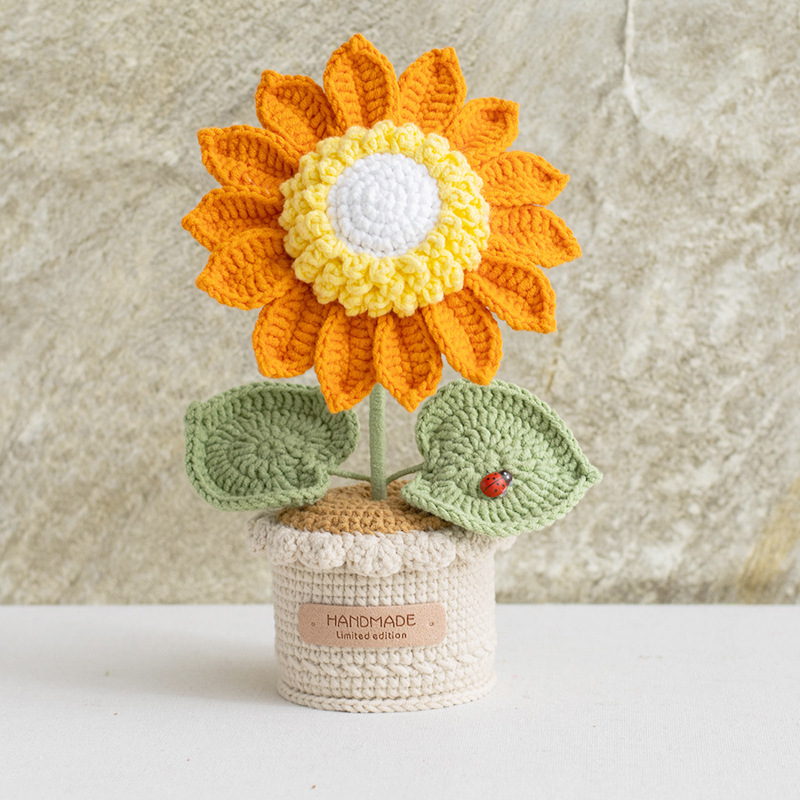 Producto terminado, tejido de ganchillo a mano transfronterizo, planta de girasol en maceta, flor artificial, decoración de flor eterna, regalo del día del maestro, planta en maceta image 3