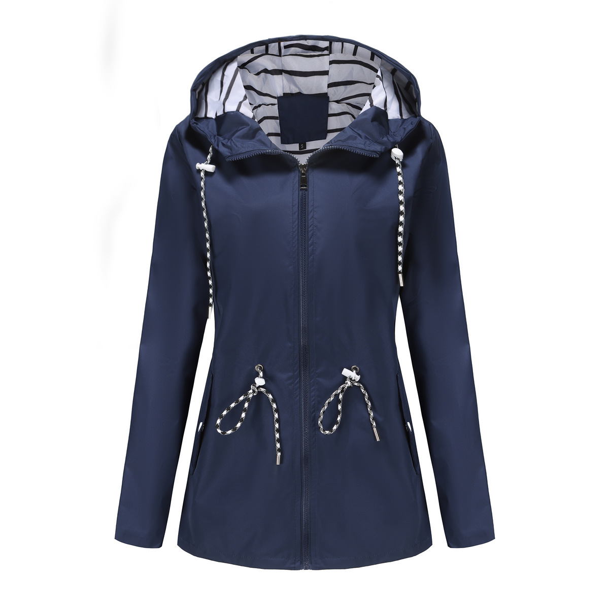 nieuwe lange mouwen anti-spatwater lange windjack dames capuchon gestreepte regenjas cross border plus size dameskleding_voghion.com
