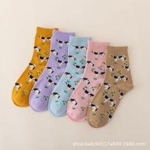 秋冬款卡通袜子女可爱奶牛女袜透气保暖袜动物图案中筒袜厂家批发