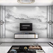 新中式山水客厅沙发电视背景墙 高清陶瓷大板 岩板背景墙